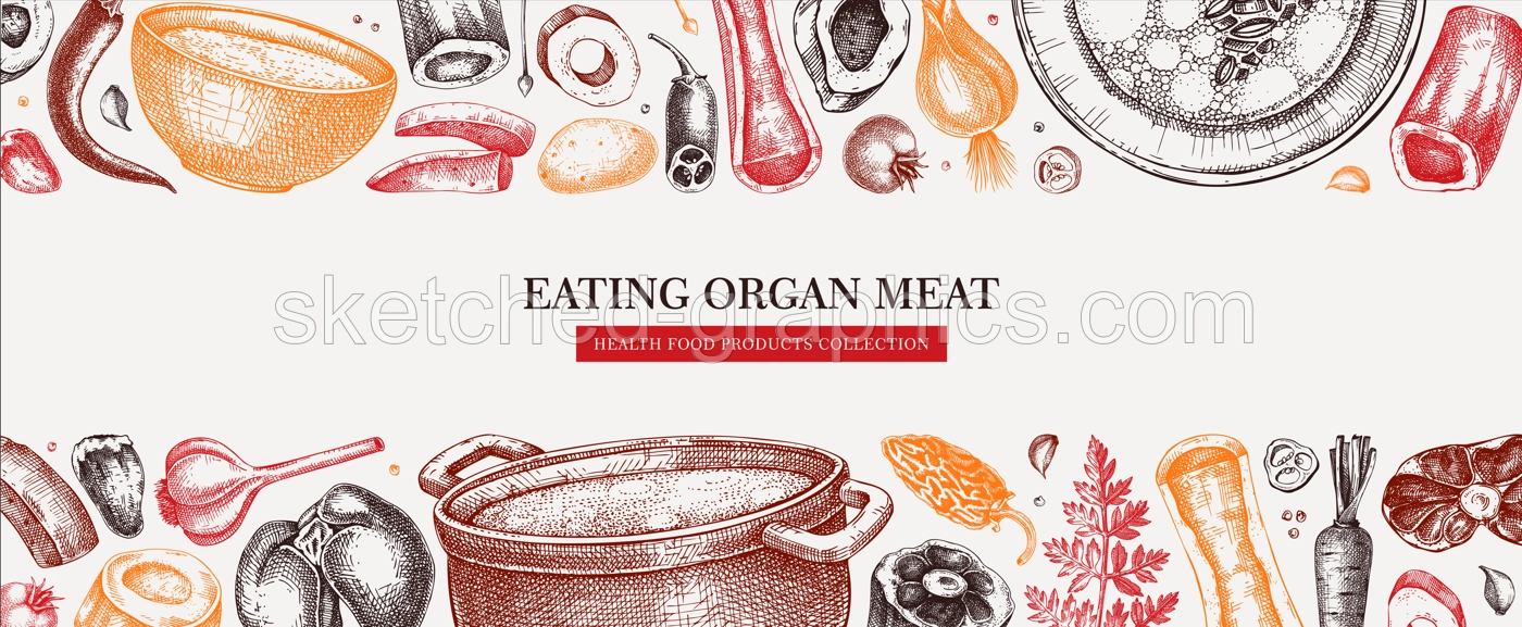 Healthy food background in color. Marrow bone broth banner. Hot soup on plates, pans, bowls, organ meat, vegetables, marrow bones sketches. Hand drawn vector illustrations. Homemade food ingredient Illustration
